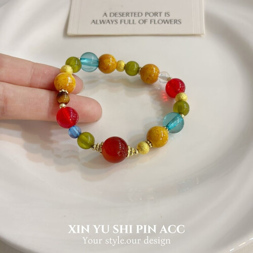 (Colored Bead Bracelet) Multi Color Natural Mixed Stone Beaded Bracelet, Adjustable String Bracelet