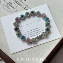 (Colored round diamond bracelet) Multi Color Natural Mixed Stone Beaded Bracelet, Adjustable String Bracelet