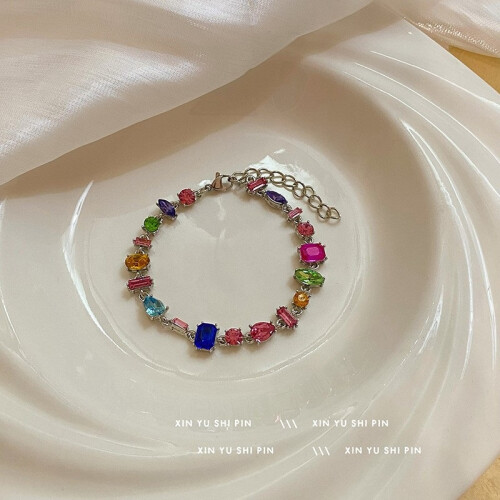 (Colored zircon bracelet) Multi Color Natural Mixed Stone Beaded Bracelet, Adjustable String Bracelet