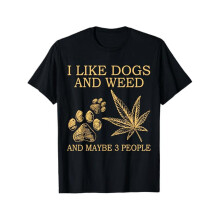 (S) 1pc Men'S Cotton T-Shirt with "I Like Dogs And Weed And Maybe 3 People" Print, Mature Style, Regular Fit, Round Neck, St-Aesxc
