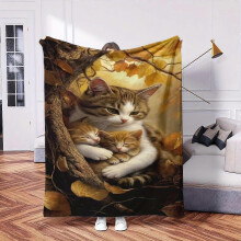 (50x40in 125x100cm) Cozy Cat Lovers Flannel Throw Blanket - Soft & Warm All-Season Cat & Autumn Leaves Print with Tabby, Tuxedo & Calico Cat-QAZXC306