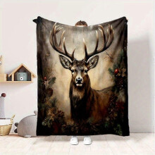 (60x50in 150x125cm) Vintage Christmas Deer Pattern Flannel Throw Blanket - Soft, Non-Shedding Polyester, Fabric, Animal Theme for Bedroom, L-LKJHG321