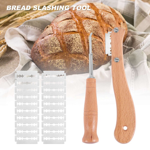 2 Pcs Wooden Handle Bread Lame Bread Slashing Tool Dough Scoring Tools with 10 Pieces Replaceable Blades for Baking 2