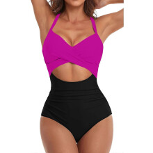 (L, Red) Women's Colorful Sexy Hollow Cross Halter Bikini Beach Swimsuit