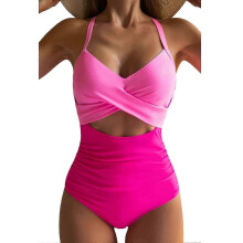 (S, Hot Pink) Women's Colorful Sexy Hollow Cross Halter Bikini Beach Swimsuit