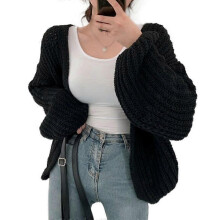 (Black) Autumn Winter Women's Loose Casual Solid Color V Neck Knitted Coat