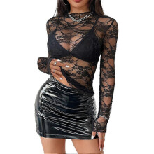 (XL, Black) Elegant and Fashionable Women's Lace Mushroom Hem Long Sleeve Top