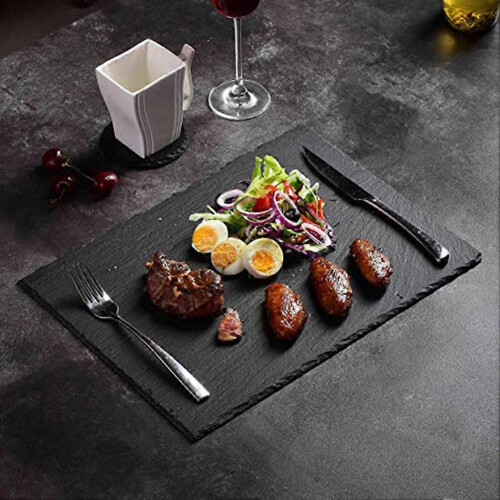 (30x10cm, Black) Multi Sized Rectangular Stone Slab Coasters Natural Slate Western Platter BBQ Dessert Cake Fruit Placemat 1