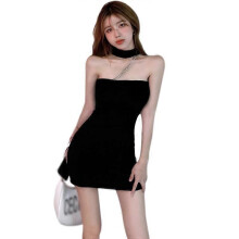 (Black) Women's Solid Chain Halter Slim Sexy Sleeveless Strapless Dresses