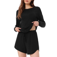 Conjunto de Chándal y Pijama para Mujer Camiseta Manga Larga Pantalones Cortos Negro XS — ropa de estar mujer