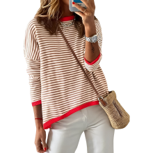 Blusa de Manga Larga para Mujer a Rayas Algodón Blanco Marrón S — camiseta algodón mujer, blusa rayas, ropa mujer casual