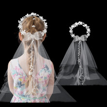 Corona de comunión con velo adorno para el cabello flores blancas perlas 22 cm — accesorios para pelo