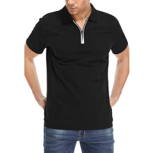 Polo Homme Noir à Fermeture Éclair Col Zippé Manches Courtes Slim Fit en Coton Maille Piquée Respirante Taille S