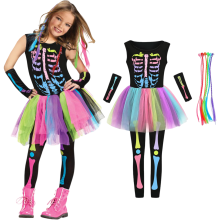 Disfraz de Esqueleto para Niñas Halloween M 116-135 cm — disfraz carnaval, disfraz fiesta, traje fluo niño, ropa años 80