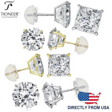 Tioneer 14K White or Yellow Gold Princess Solitaire Cut Round or Square Cubic Zirconia Silicon Push Back Ear Stud Earrings 2-8mm