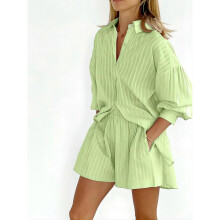 (S, Green) Autumn and Winter Women's Clothing Striped Bubble Sleeve Shorts Sense Casual Outfit Sets