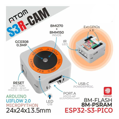 AtomS3R-CAM AI Chatbot Kit ESP32-S3 Programmable Controller+Voice Base Visual Voice Assistant Integrated with Camera 2