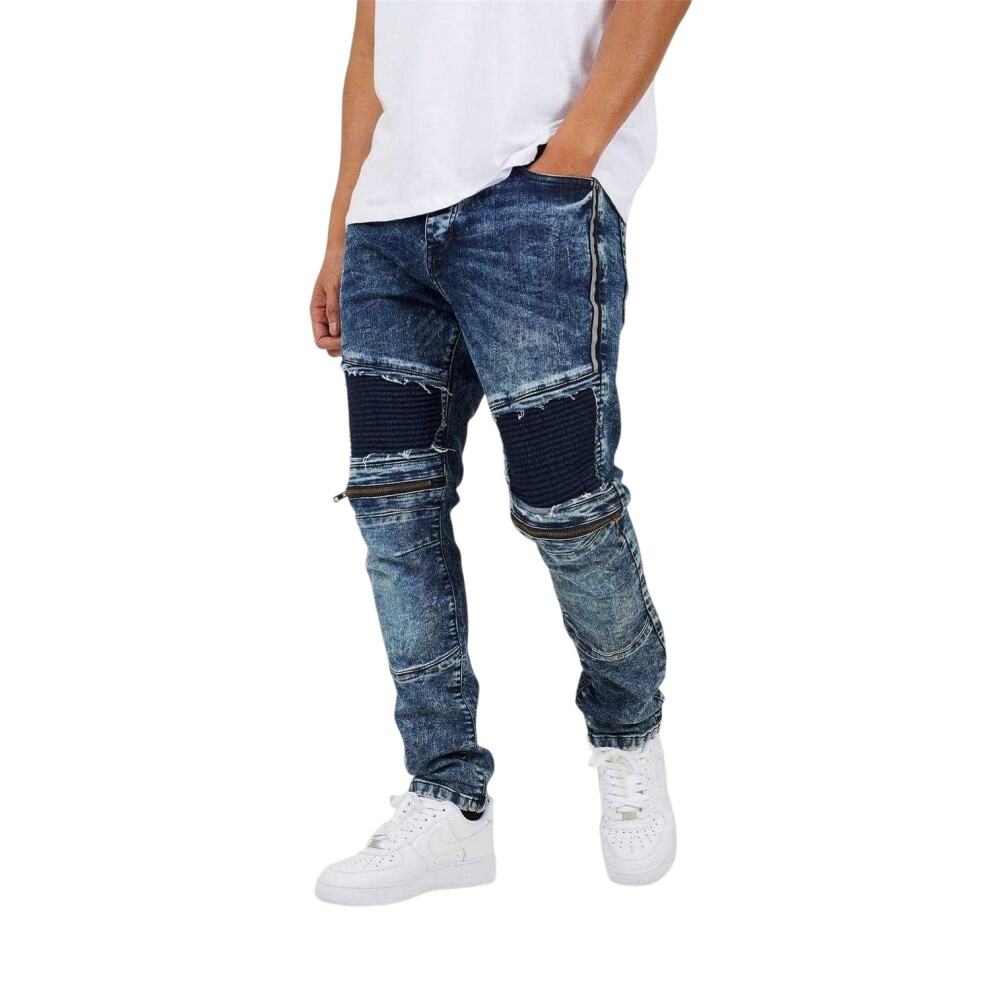 Brave Soul (28R, Dark Blue) Mens Washed Biker Slim Jeans