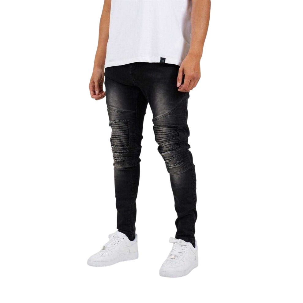 Brave Soul (30R, Charcoal Wash) Mens Washed Biker Jeans