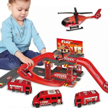(Fire rescue 4cars) Children's Track Parking Lot Fire Truck Police Engineering Vehicle Car Toys Multi-Storey Parking Building For boys