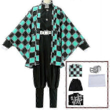 (100, 5 piece set) Demon Slayer Kimetsu No Yaiba Tanjirou Kamado Cosplay Costume Kimono Halloween Anime Uniform Set For Adult Kids V