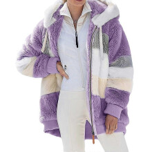 (4XL, Color Block-purple) Faux Fur Hooded Zipper Jacket For Women