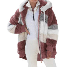 (XXL, Color Block-wine) Faux Fur Hooded Zipper Jacket For Women