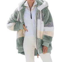 (L, Color Block-green) Faux Fur Hooded Zipper Jacket For Women