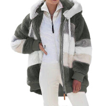 (XXL, Color Block-army Green) Faux Fur Hooded Zipper Jacket For Women
