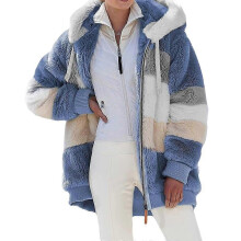 (XXL, Color Block-blue) Faux Fur Hooded Zipper Jacket For Women