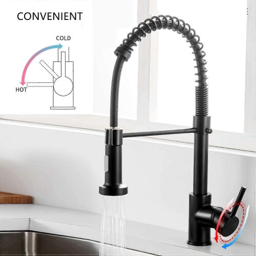 (Black) Kitchen Mixer Tap 360Swivel, Modern High Arc Single Handle Spring Kitchen Sink Faucet with Pull Out Spray Head2-Modes Spray 2