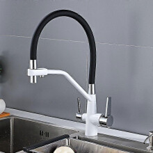 (White + silver) 3 Way Kitchen Tap Pull Out Black Silicone Hose Kitchen Mixer Taps with Pull Out Spray 3 in 1 Water Filter Tap 360 Rotatable White