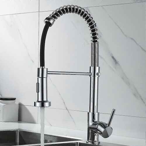 (Chrome) Kitchen Mixer Tap 360Swivel, Modern High Arc Single Handle Spring Kitchen Sink Faucet with Pull Out Spray Head2-Modes Spray