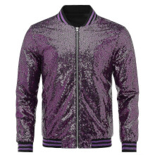 (M, Purple) Mens Sequins Casual Zipper Party Bomber Jacket
