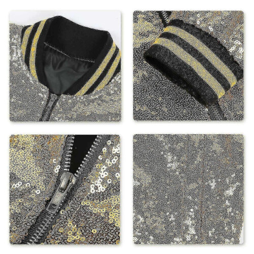 (M, Gold) Mens Sequins Casual Zipper Party Bomber Jacket