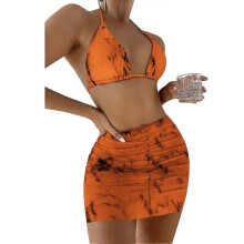(M, Orange) Bikini Suit Tie Halter Neck Backless Print 3 Piece Swimsuit With Mesh Cover Up Skirt For Beach Pool Party