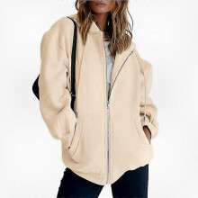 (4XL, Khaki) Women's Oversized Zip Up Hooded Sweatshirt Casual Fleece Jacket