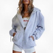 (L, Grey) Women's Oversized Zip Up Hooded Sweatshirt Casual Fleece Jacket