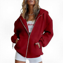 (L, Red) Women's Oversized Zip Up Hooded Sweatshirt Casual Fleece Jacket