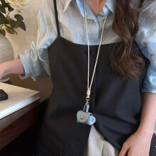 (Blue) Mini and Compact Leather Hanging Neck Coin Purse Necklace Niche Design Headphone Bag Long Sweater Chain Accessory Women Men
