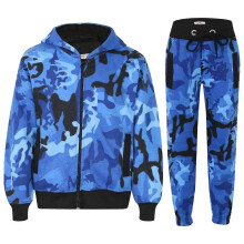 (3-4 Years, Camo Blue) Kids Unisex Plain Hooded Zipped Tracksuit