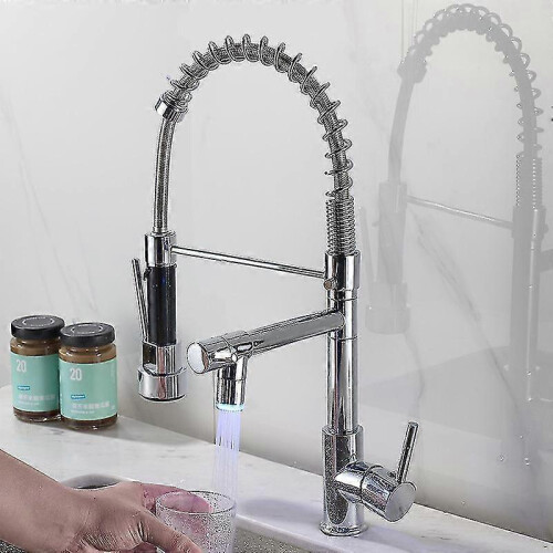 (Plating) Commerical Kitchen Faucet With Pull Down Sprayer, Single Handle Kitchen Sink Faucet With Led Light 2 Spout