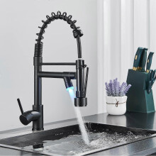 (Black) Commerical Kitchen Faucet With Pull Down Sprayer, Single Handle Kitchen Sink Faucet With Led Light 2 Spout