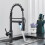 (Black) Commerical Kitchen Faucet With Pull Down Sprayer, Single Handle Kitchen Sink Faucet With Led Light 2 Spout 1