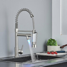 (Brushed Nickel) Commerical Kitchen Faucet With Pull Down Sprayer, Single Handle Kitchen Sink Faucet With Led Light 2 Spout