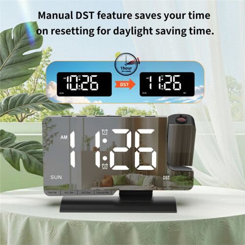 Projection Digital Clock,Alarm Clock Bedside,7.3'' LED Mirror with Date Display,Dual Alarm,DST,Snooze Function White 2