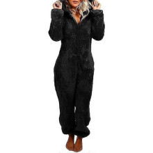 (S, Female Black) Men's Couple Jumpsuit Cuddly Funny Long Pyjamas Winter Warm Plush Jumpsuit