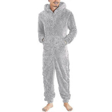 (M, Female Gray) Men's Couple Jumpsuit Cuddly Funny Long Pyjamas Winter Warm Plush Jumpsuit