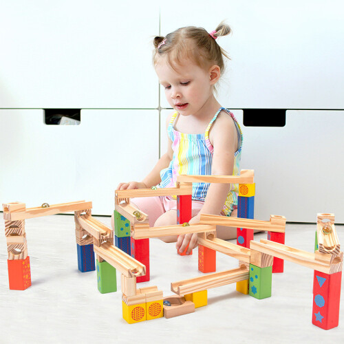 (52pcs)Wooden Childrens Visual Tracking Building Blocks With Marble Track For Play Learning 1