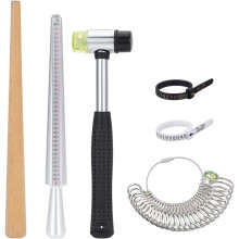 6Pcs Ring Sizer Measuring Tools,Ring Mandrel, Wood Polishing Stick and Jewelry Hammer, for Ring Making and Repair